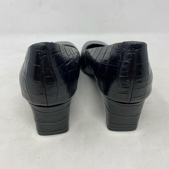 GEOX Respira Italy Black Leather Croc Embossed Square Toe Heels Size 8 - Picture 5 of 8